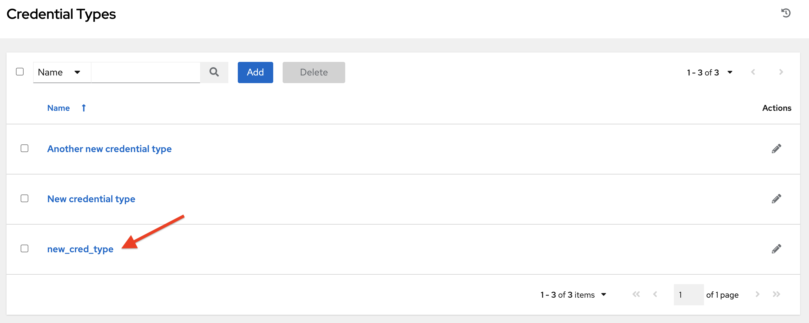 Credential Types list view with newly created credential type shown