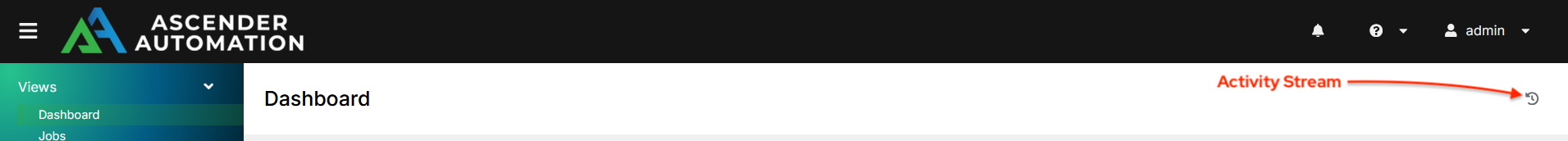Main screen with arrow showing where the activity stream icon resides on the Dashboard.